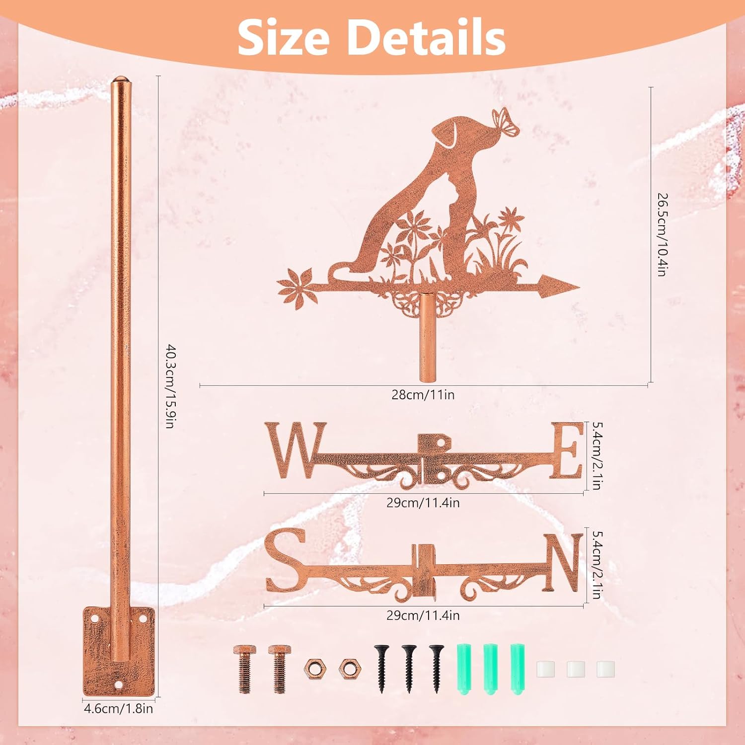 SUPERDANT Dog Cat Weather Vane Flowers Wind Vanes for Yard Animals Metal Weathervane Roof Mount for Gardens Outside Reddish Copper Weathervanes Farmhouse Farm Barn Sheds Patio Decorations