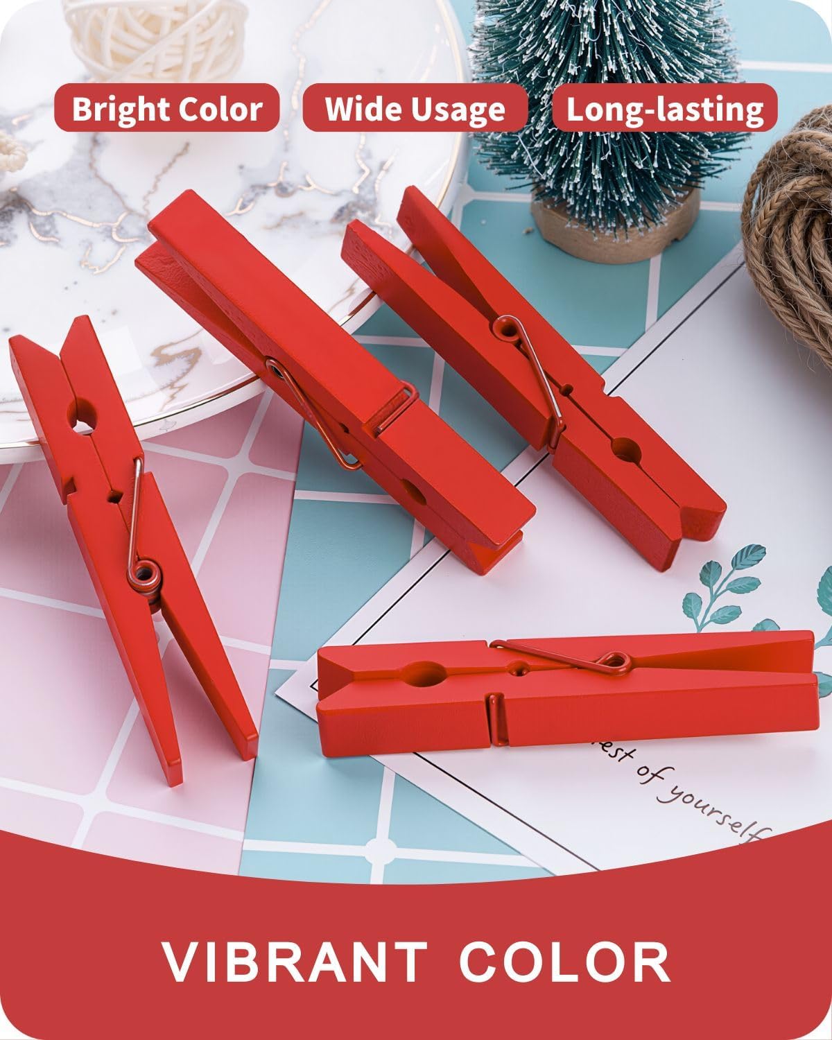 Clothes Pins, Red Colored Wooden Clothespins for Arts and Crafts, Wreath, Strong Grip Close Pins Birchwood Clips Clothespin Clothing Pegs for Hanging Baby Clothing Photos, 2.83 Inch, Pack of 50 image 2