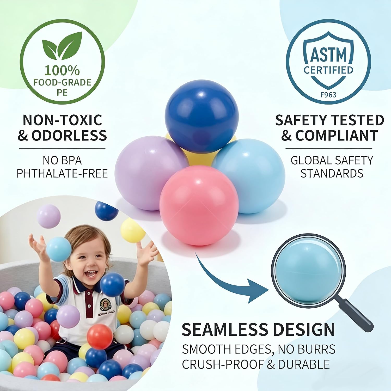 Ball Pit Balls, Count 2.2 Inch Plastic Balls, Phthalate/BPA-Free, Non-Toxic, Crush-Proof & Durable. Safe for Babies/Toddlers/Kids; Ideal for Playpens, Tents, Kiddie Pools, Indoor/Outdoor