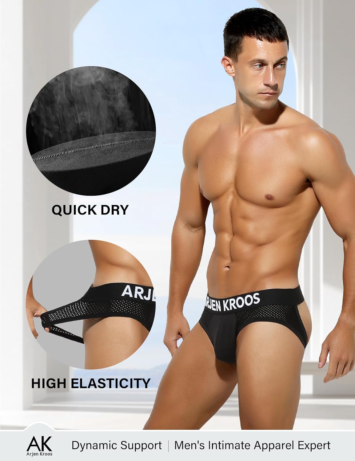 Arjen Kroos Men's Jockstrap Underwear, 3 Pack Breathable Mesh Athletic Supporter Cotton Pouch Jock Briefs