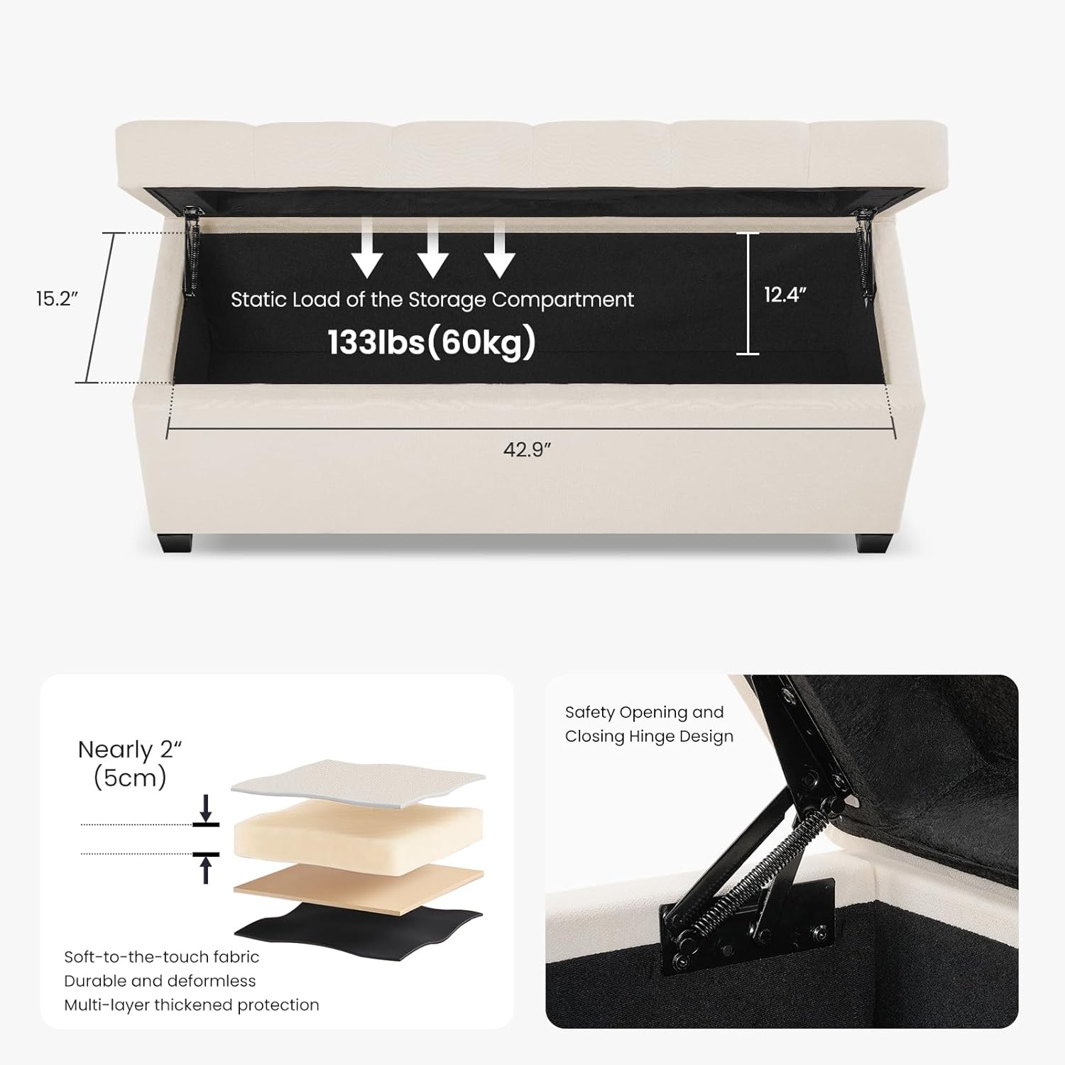 47.2" Ottoman with Storage, Storage Ottoman Bench with Safety Hinge,Tufted End of Bed Bench, Upholstered Entryway Bench for Bedroom, Living Room & Window (Ivory-Upgraded Version) - Image 5