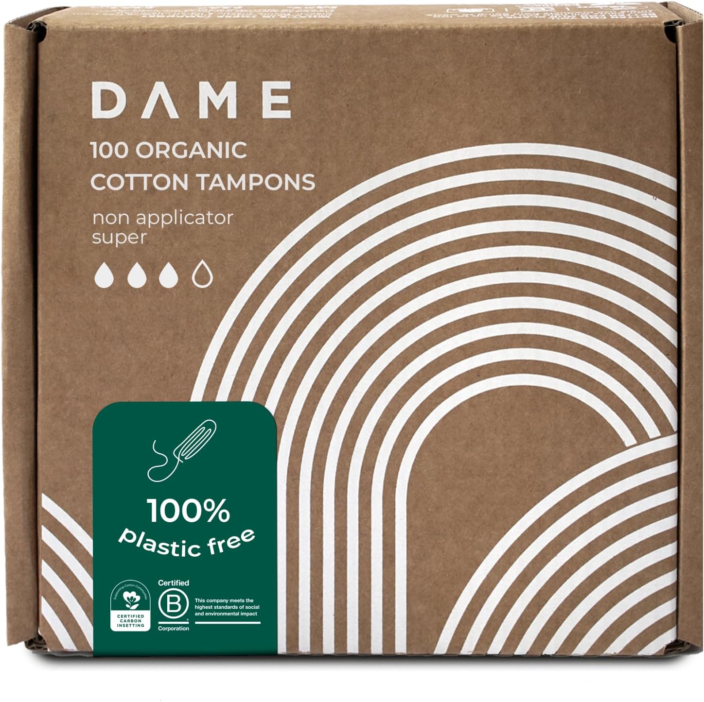 DAME, 100 Pack of Super Tampons 100 Organic Cotton, Vegan Certified, Plastic Free