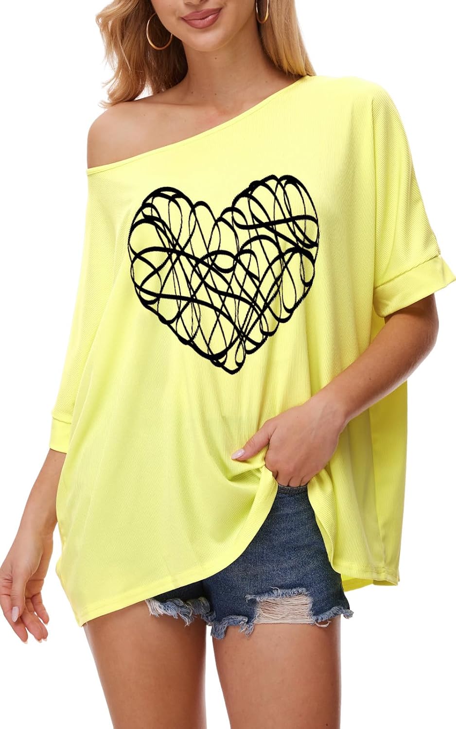 Yisfri Women's Off The Shoulder Tunics Blouses Neon Batwing Summer Print T Shirts