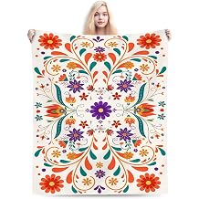 Mexican Floral Throw Blanket for Couch Chair Sofa Bed Travel Camping, Warm Cozy Flannel Soft Floral Bird Talavera Tile Dia De Los Muertos Azulejo Mosaic Blanket for Bedroom Living Room Car 30"x 40"