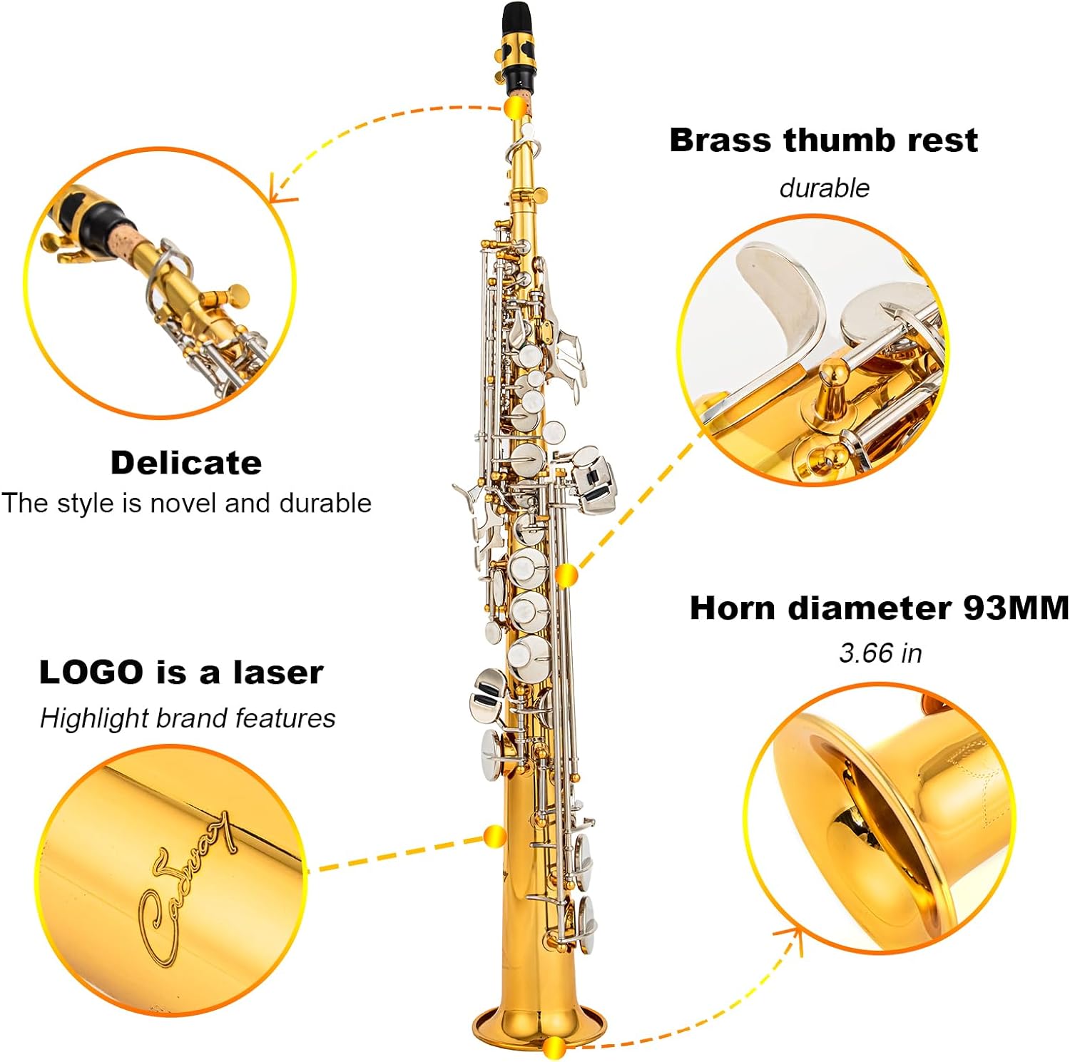 Bb Soprano Saxophone Straight Gold Laquer Sax Instruments for Beginners Students Intermediate Players with Carrying Case,White Gloves.Cleaning kit.neck Strap.Mouthpiece (Gold body nickel bond)