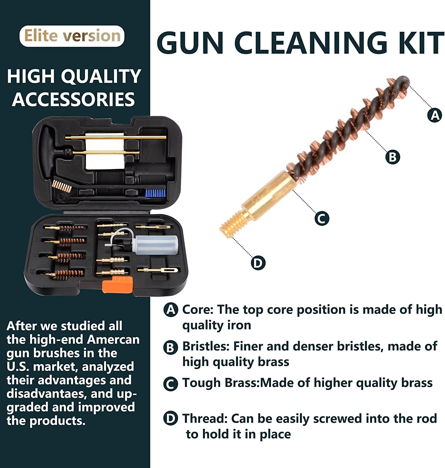 Boosteady Kit pulizia pistola versione Elite per 9mm/.357.22.45.40 Set pulizia pistola Spazzola in ottone con custodia portatile