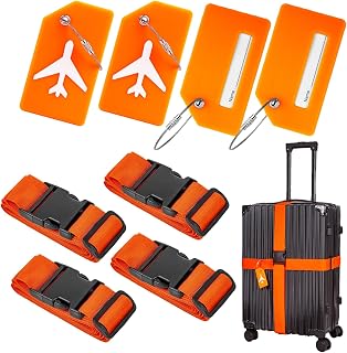 SOMORE 8 Pieces Luggage Straps and Tags for Suitcases – 200cm Adjustable Suitcases Straps Belts with Buckle & Lock Clips – Travel Packing Accessories, Labels, Name Card Tags, Security Straps (Orange)