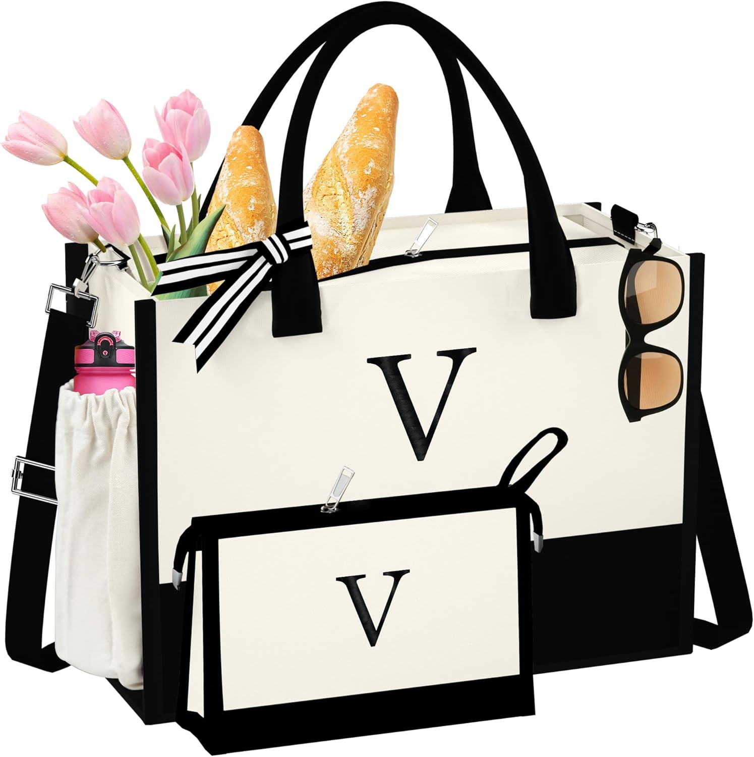 Initial Canvas Tote Bag - Reusable Grocery Bags, Birthday Gifts Basket for Bridemaids Friends Teachers | for Bridemaids, Friends, Teachers