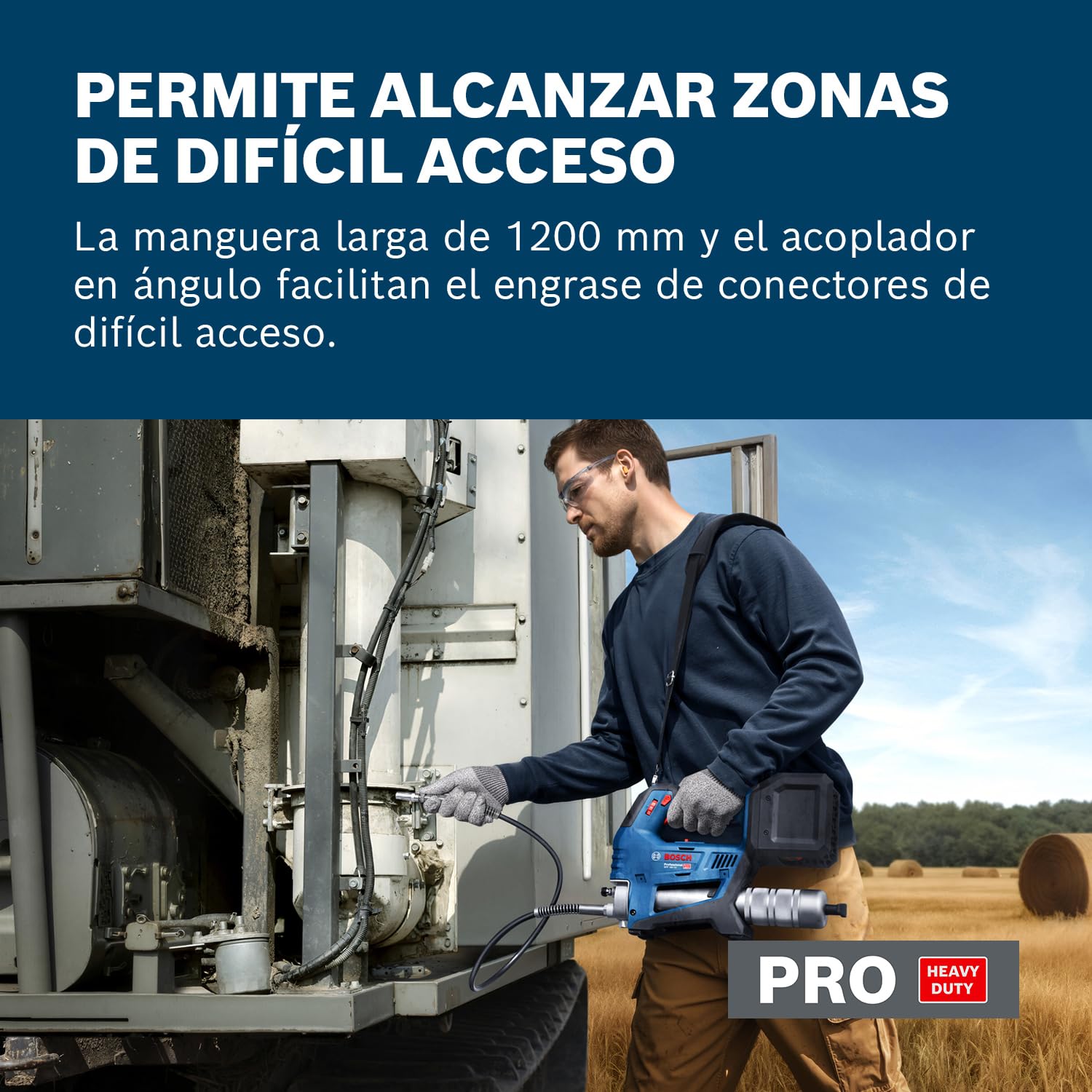 Pistola de engrasado a batería GFP 18V-10 con Bosch Professional 18V System (presión operativa máxima de 10 000 psi, caudal máximo de hasta 320 g/min., incl. acoplador de 90°, correa para el hombro)
