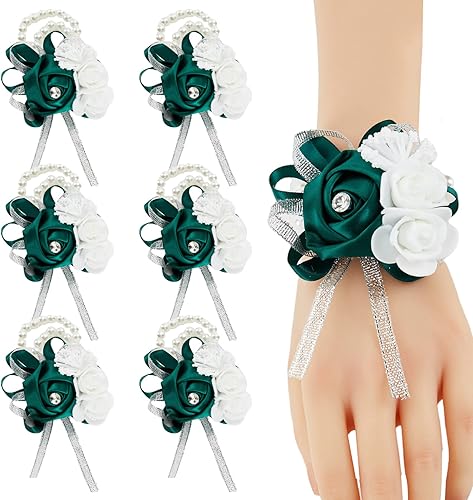 Meldel Pulseras de ramillete de muñeca para boda, madre de novia y novio, rosa de seda verde, muñeca de mano, graduación, ceremonia, aniversario,