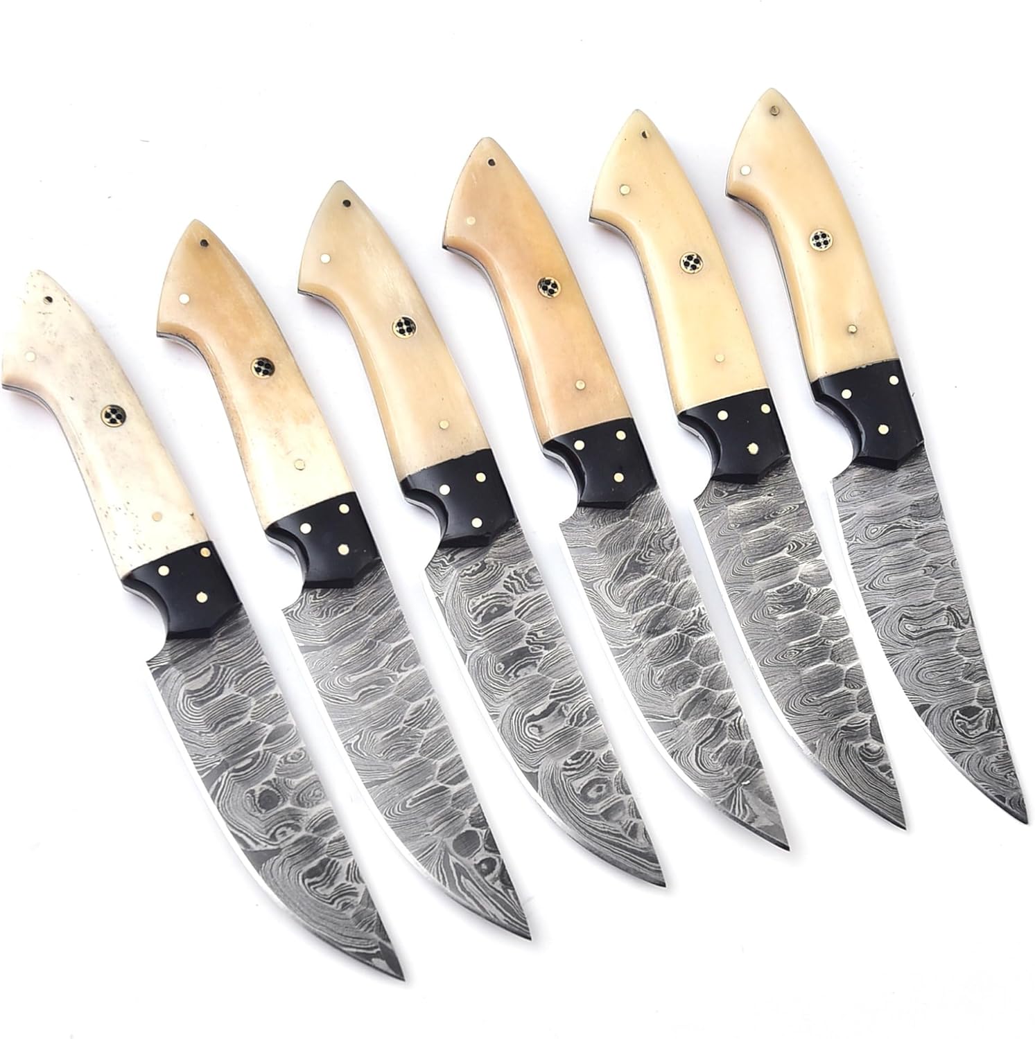 ESOL Professional 6-Piece Damascus Steel Steak Knife Set – Hand-Forged High Carbon Steel with Natural Bone & Mosaic Pin Handles – Luxury Kitchen Dining Set with Genuine Leather Sheath
