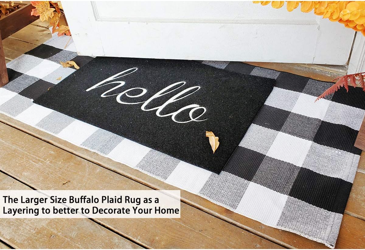 LAN SHAN QUE Doormat Combo Set Black Hello Door Mat Outdoor Indoor with Non Slip Backing+Buffalo Plaid Rug 24”x51” Black and White for Layered Decorative Easy Clean Front Door Welcome Mat