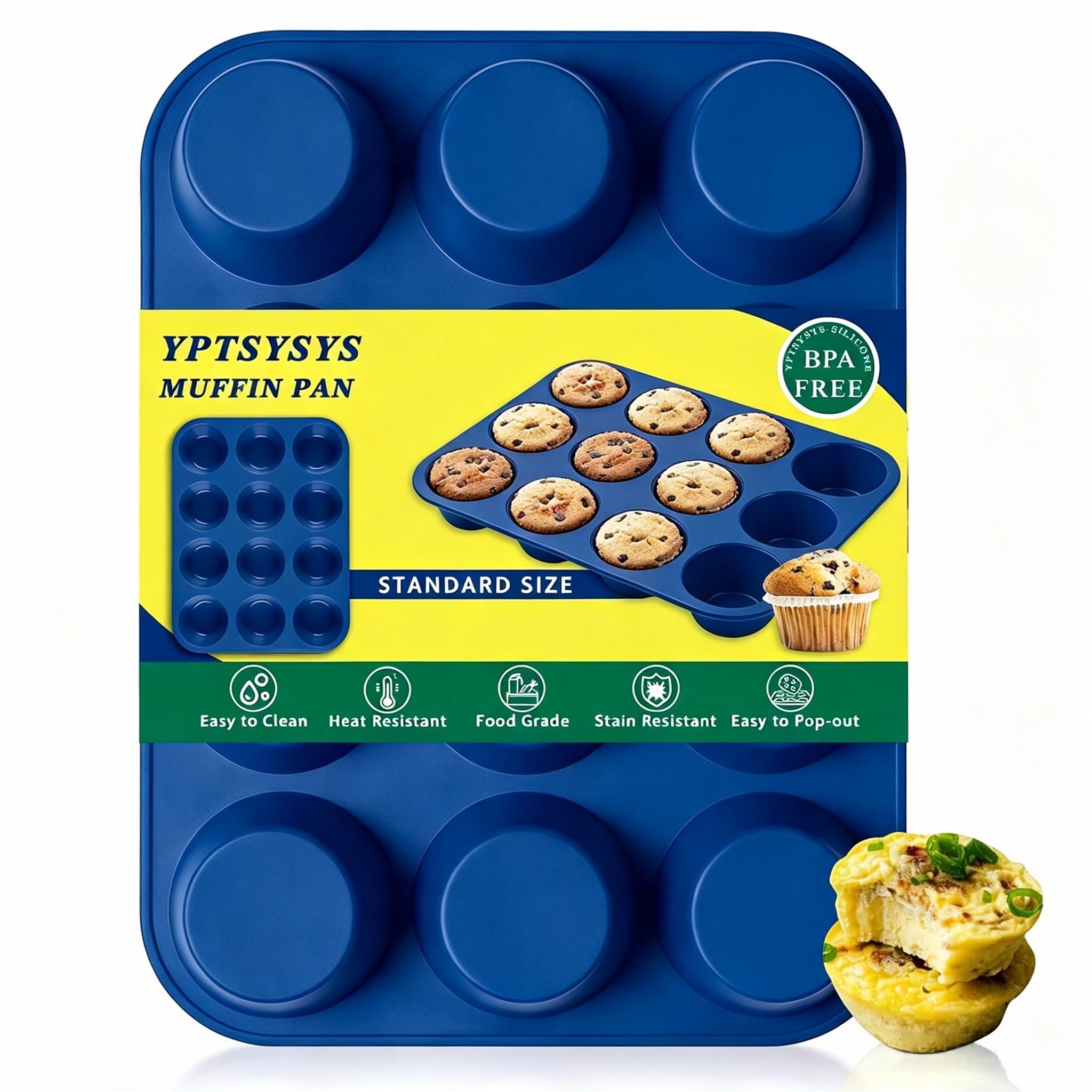 YPTSYSYS Silicone Muffin Tray, 12 Cups - Non Stick Baking Trays for Cupcakes & Brownies - (22x29.5cm) Blue Baking Moulds for Muffin,BPA Free & Dishwasher Safe