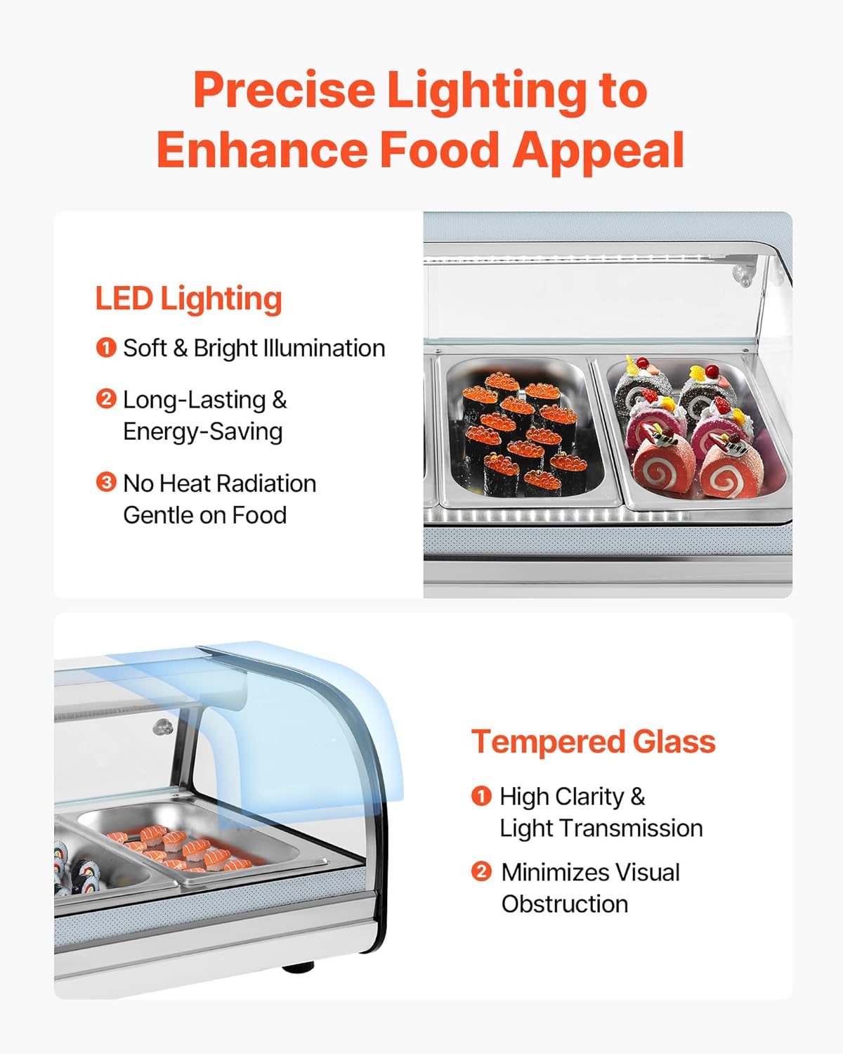 VEVOR Sushi Display Case Refrigerator, 2.2 Cu.ft Commercial Sushi Case, 6-Pan Countertop Showcase with Curved Glass, LED Lighting, and Digital Temperature Control, for Sushi-Bar, Restaurant, Store