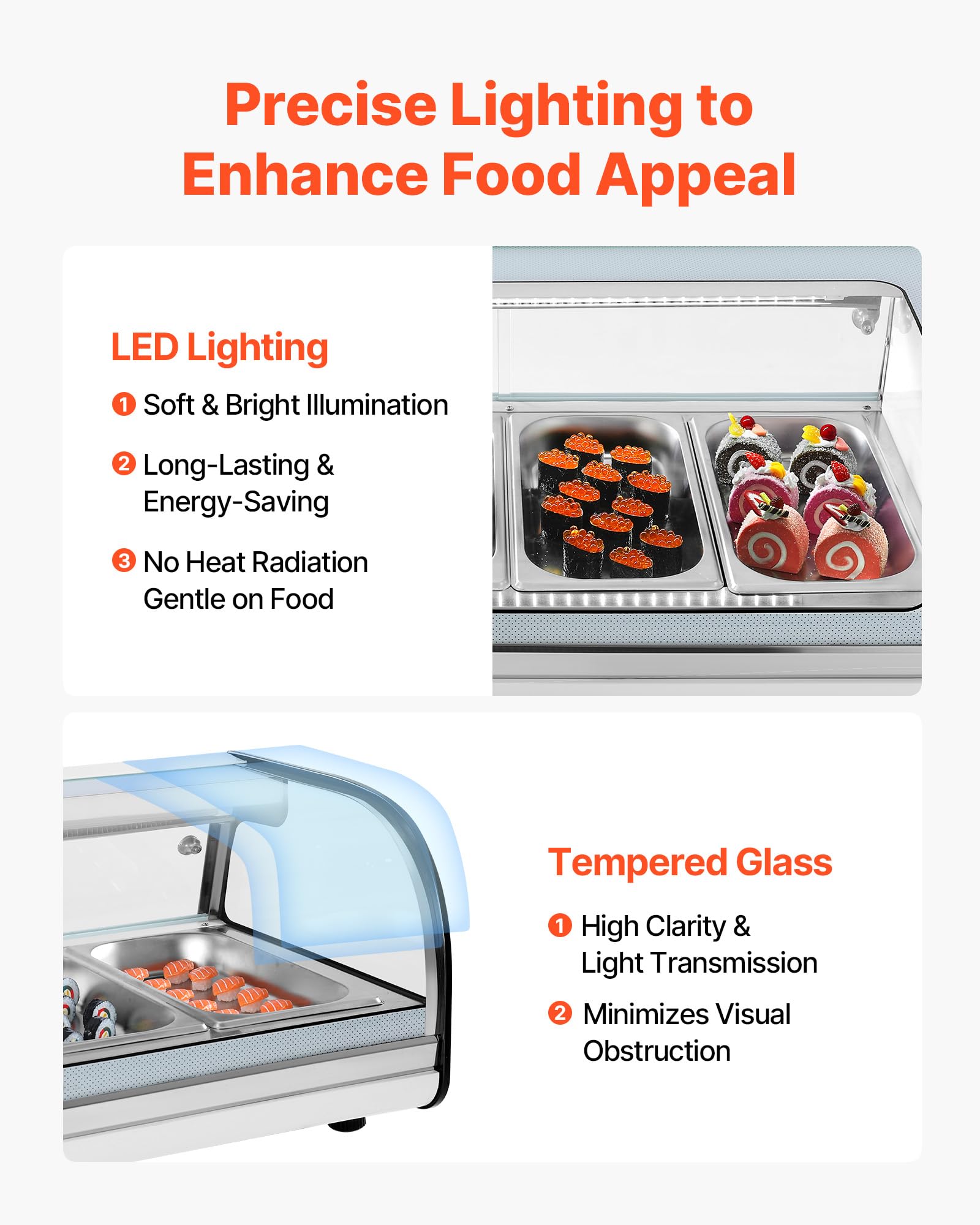 VEVOR Vitrina Refrigerada de 42 L para Sushi, 4 Bandejas, con Vidrio Curvo, Iluminación LED y Control Digital de Temperatura, Ideal para Mostradores, Restaurantes y Tiendas, 1160 x 425 x 290 mm