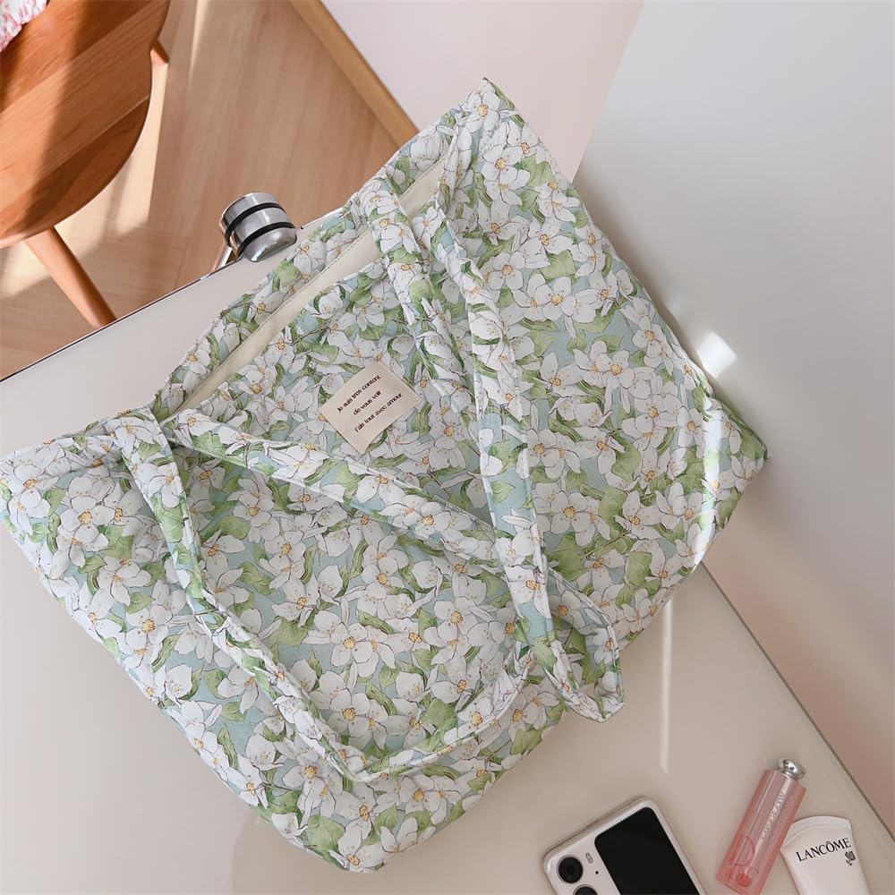Floral Quilted 3-in-1 Bag Set for Wome Cotton Large Shoulder Tote with Medium Cosmetic Bag Mini Organizer Pouch A039