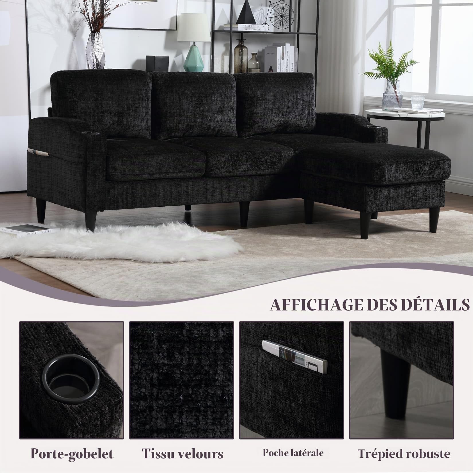 PUGSDRLY Canapé d'angle 4 Places avec Pouf de Rangement,Porte-gobelet,Poche Latérale,Canapé Modulable Moderne en Tissu Chenille,pour Salon,Chambre (Noir)