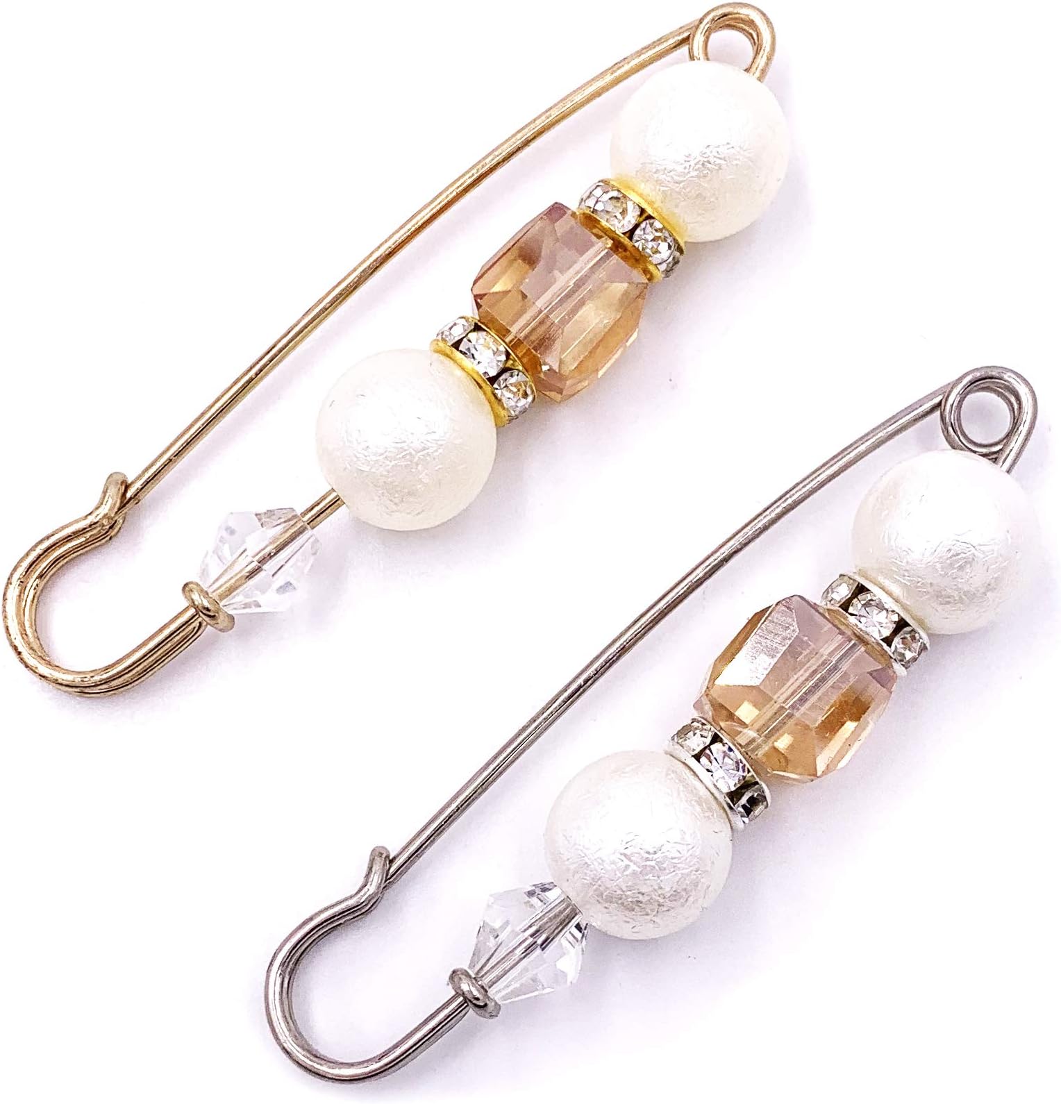 HAISWET Simulated Pearl Crystal Shawl Scarf Sweater Clip Safety Pin Brooch Set 2 Tone