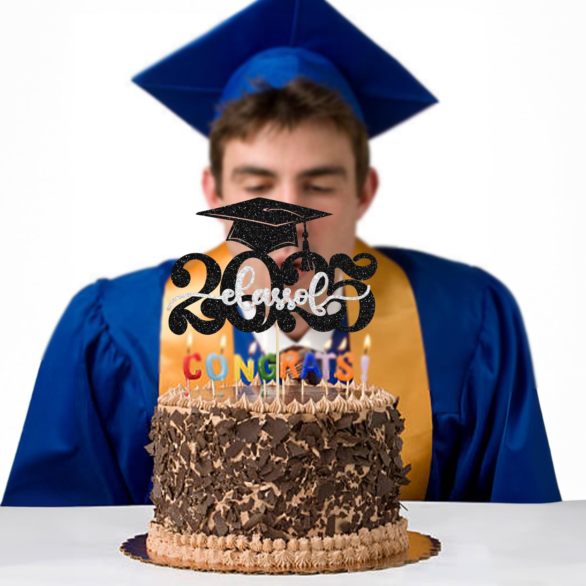 Gyufise 1Pcs 2026 Graduation Cake Topper Glitter Congrats Grad Cap Class of 2026 Cake Pick for 2026 Graduation Theme High School Boys Girls Graduate Party Cake Decorations Supplies Silver - Image 4