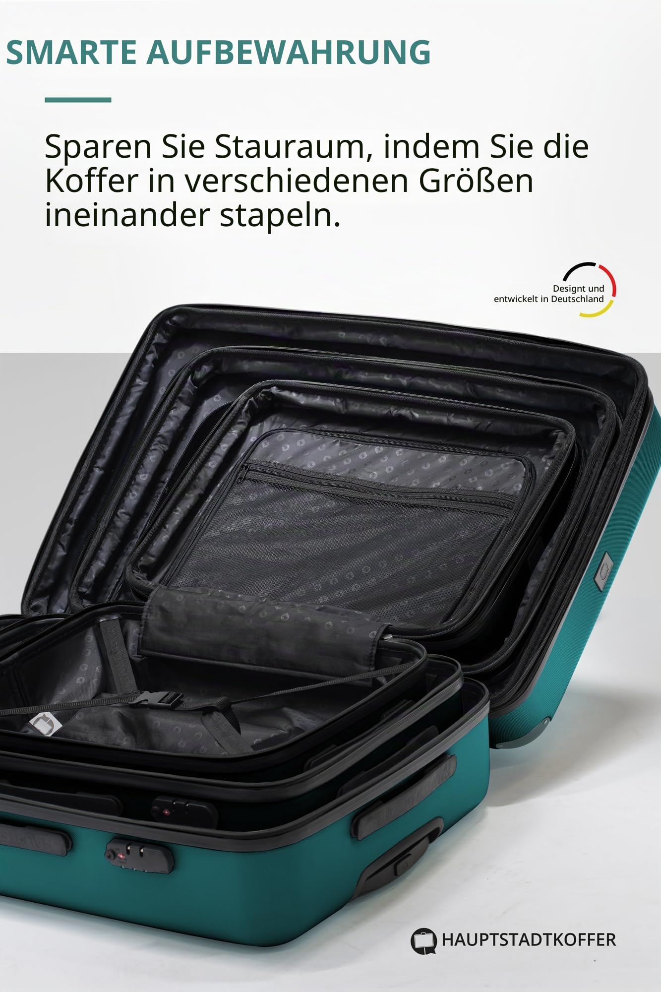 Hauptstadtkoffer Spree - Großer Hartschalen-Koffer + Digitaler Kofferanhänger, TSA, 4 Doppel-Rollen, Trolley, Rollkoffer, Reisekoffer, Volumenerweiterung, 75 cm, 119 Liter, Aquagrün