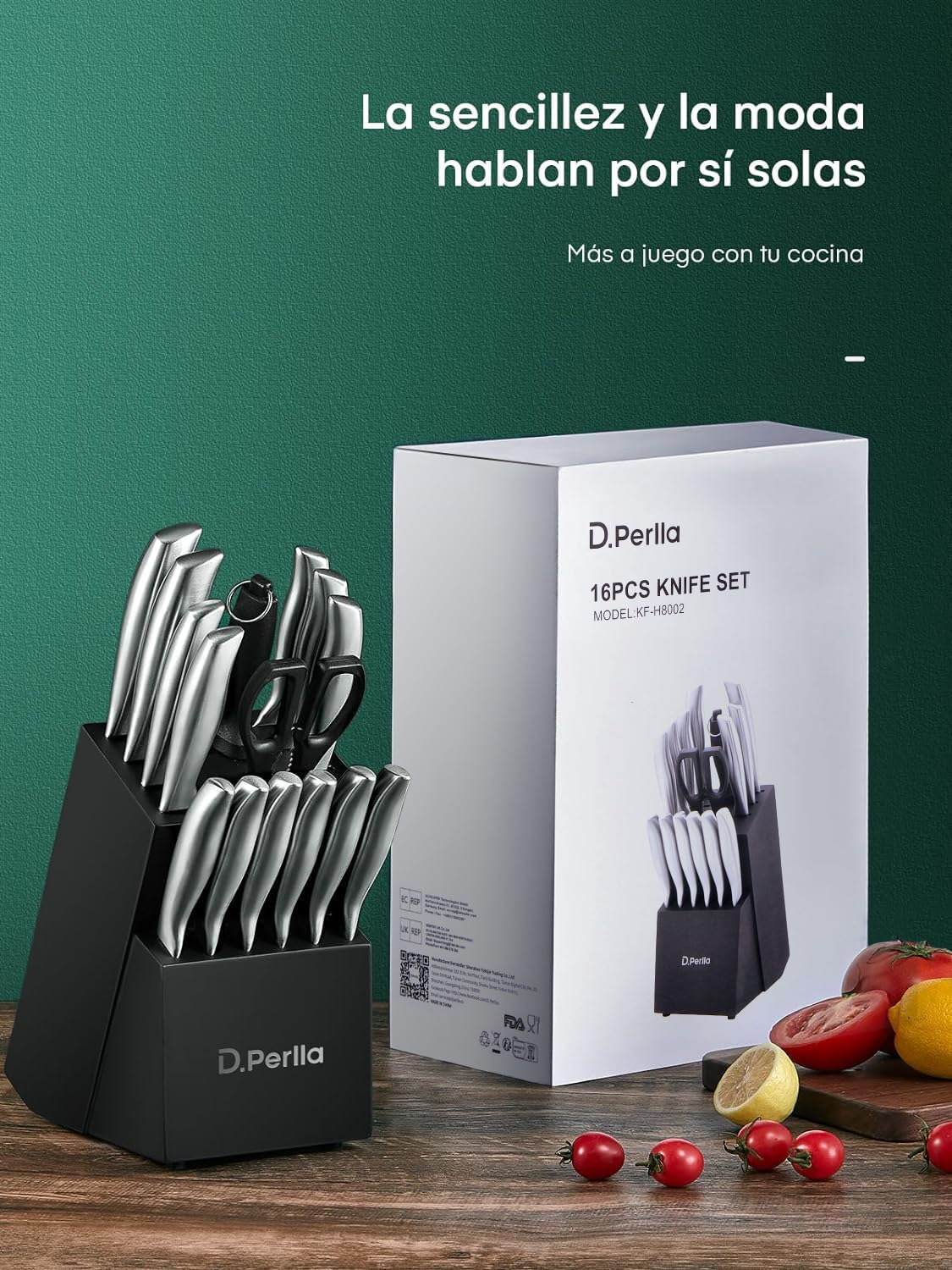D.Perlla Juego de Cuchillos de Cocina 16 Piezas, Forjado en Acero Inoxidable Alemán X50Cr15, Set Cuchillos Cocina Profesional, Portacuchillos de Madera, color negro