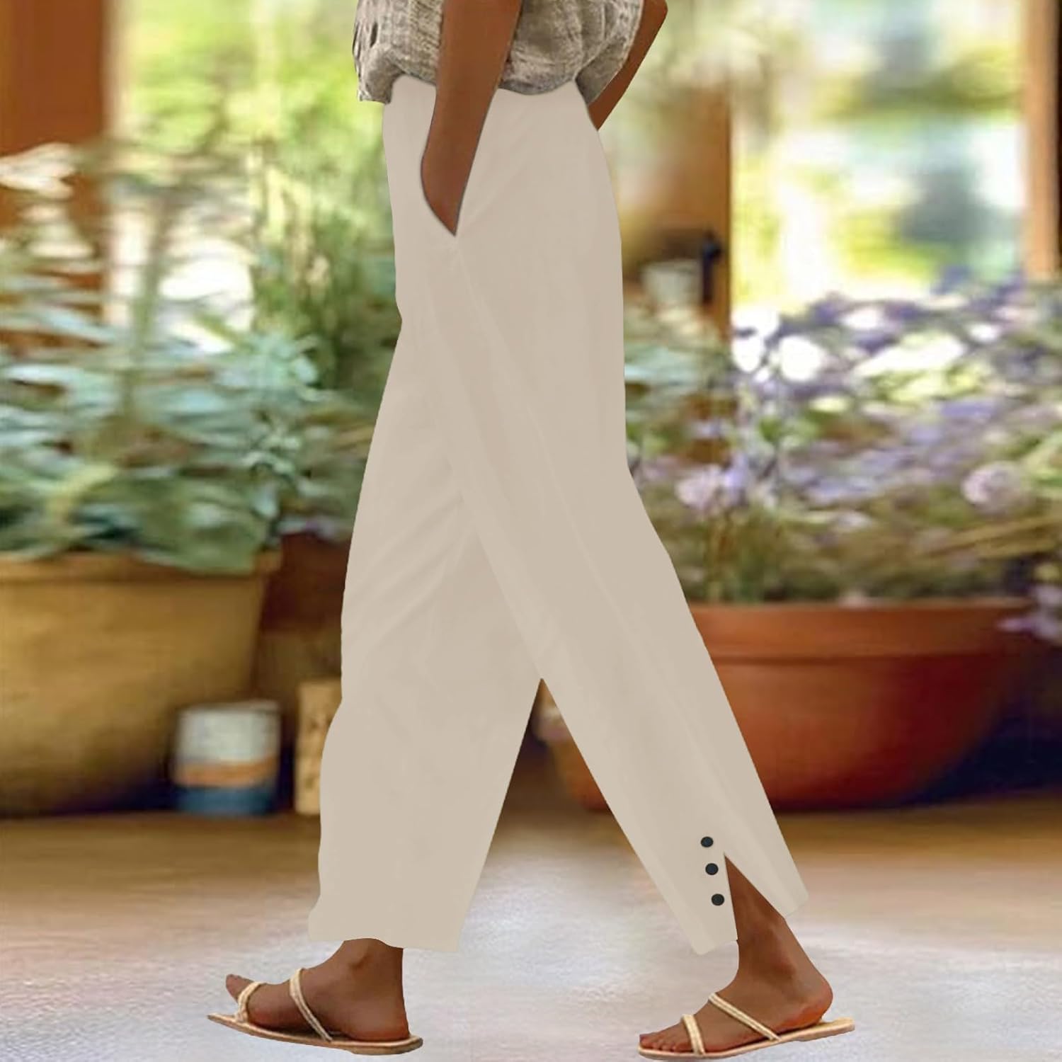 Cropped Linen Pants Women 2026 Summer Loose Fit Casual Gauze Pant Elastic Waist Capri Beach Trouser with Pockets - Image 3