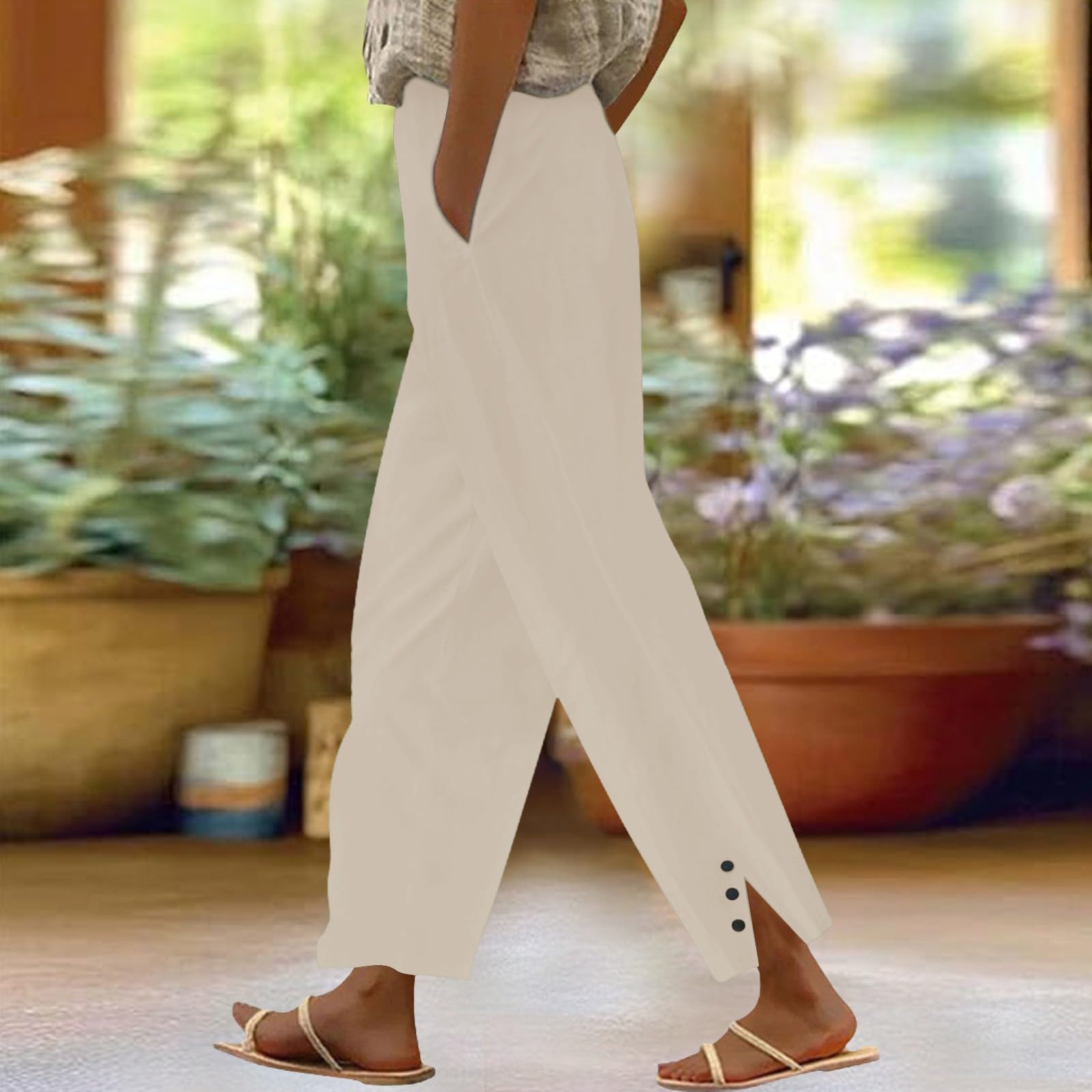 Cocila Pantalon Coton Et Lin Femme Fluide Droit pour Femme Élastique Long en Lin Taille Haute Coton Décontracté Fendu Jambes Pantalons Femmes Elastique Ou Ete Leger Été Harem Souple
