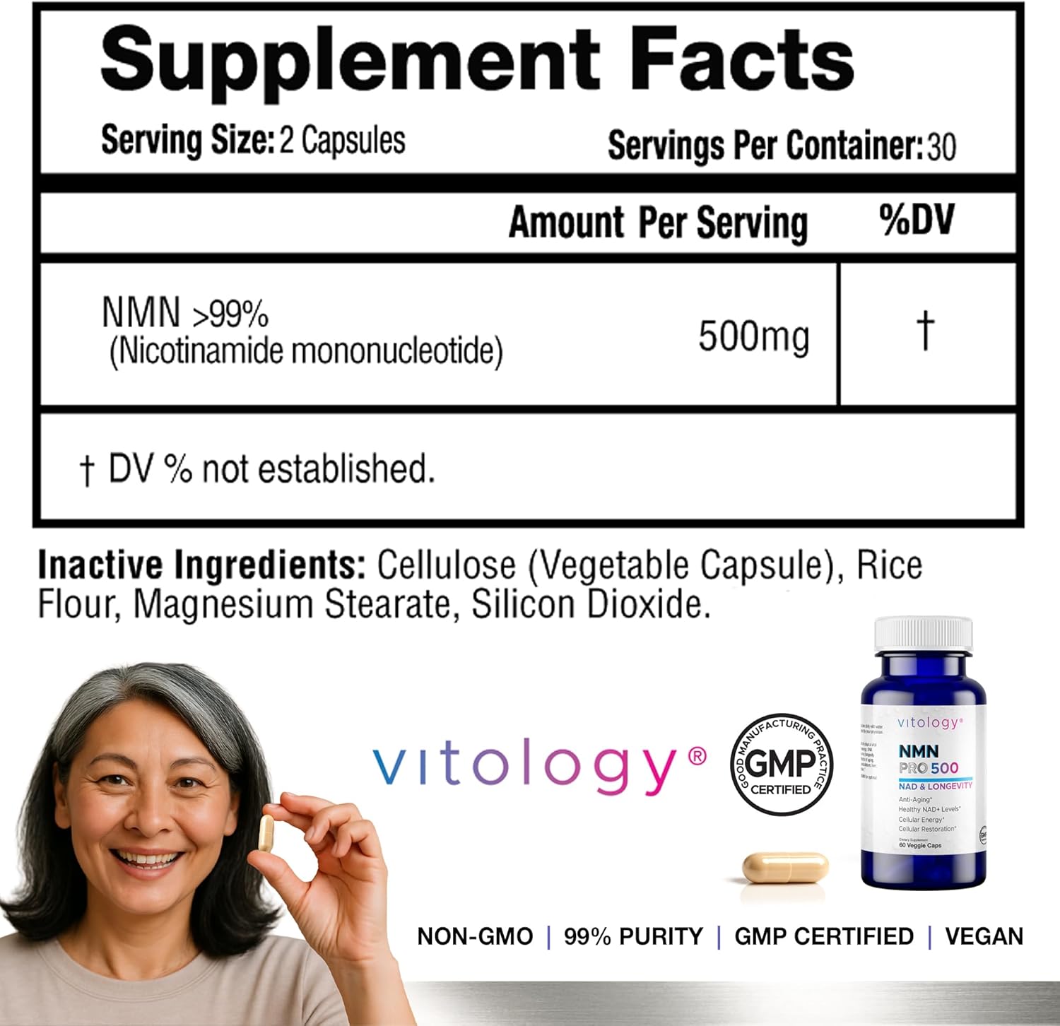 NMN-PRO 500mg – Pure NMN Supplement 99%+ High Purity Nicotinamide Mononucleotide – Supports NAD+ Levels, Cellular Energy, Healthy Aging, DNA Repair & Longevity – 60 Capsules - Image 2