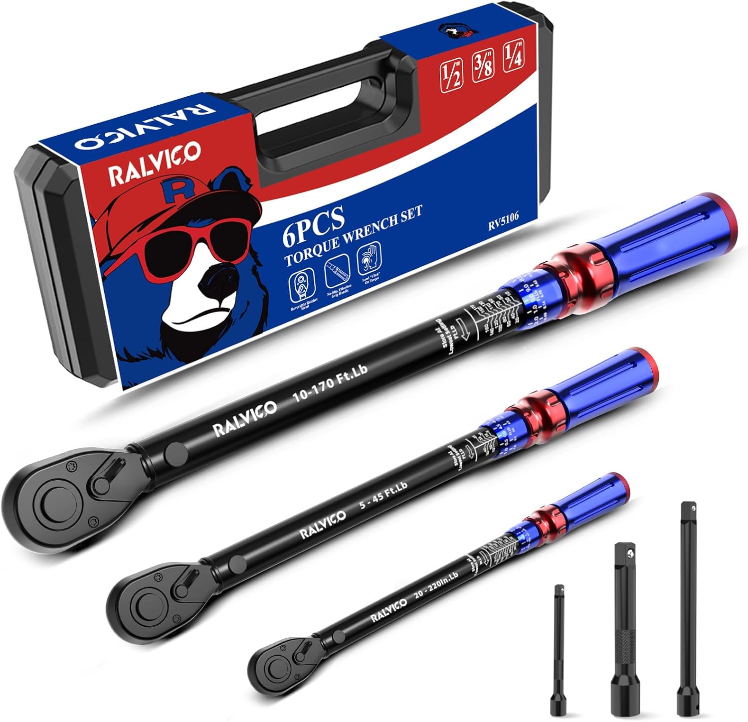 Torque Wrench Set 1/4'' & 3/8'' & 1/2'' ±3% Accuracy 72-Tooth Dual Scale Dual-Direction Adjustable Drive Click Torque Wrench 5-45 Ft.Lb& 20-220 In.Lb& 10-170 Ft.Lb for Bike,Car,Moto,Truck,DIY