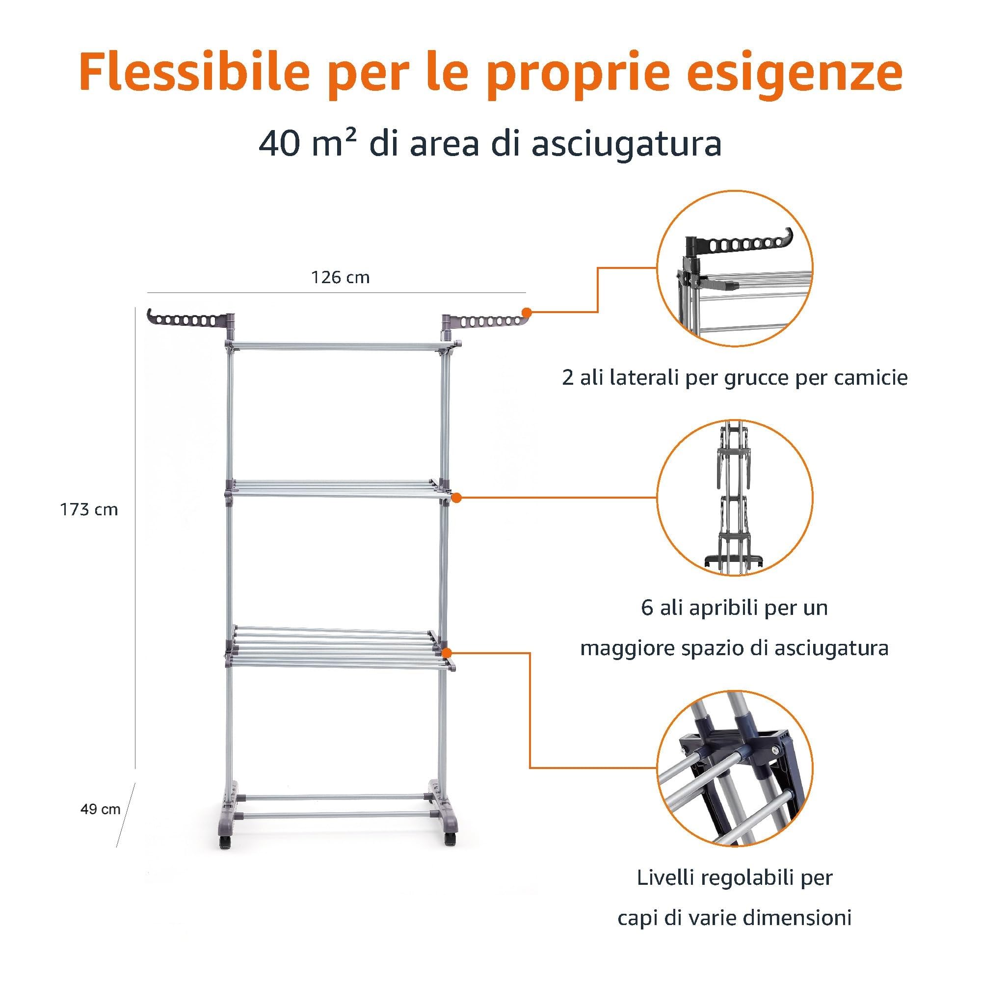 Amazon Basics Stendibiancheria a torre da interni con braccetti richiudibili, 4-livelli, Bianche