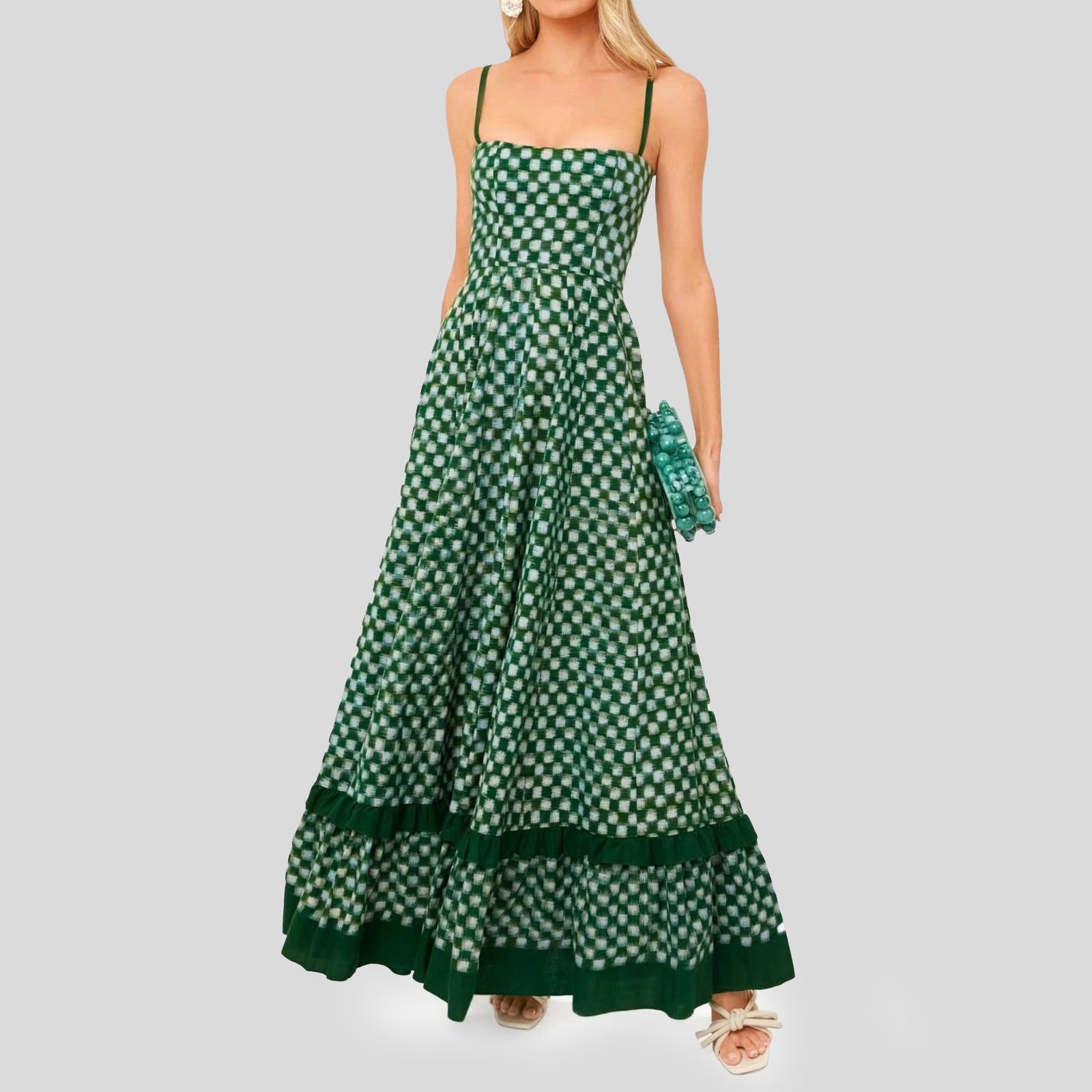 Vestido largo casual para mujer, con estampado gráfico, tirantes delgados, floral, bohemio, largo, fluido, verano, vacaciones, playa, viajes, vacaciones