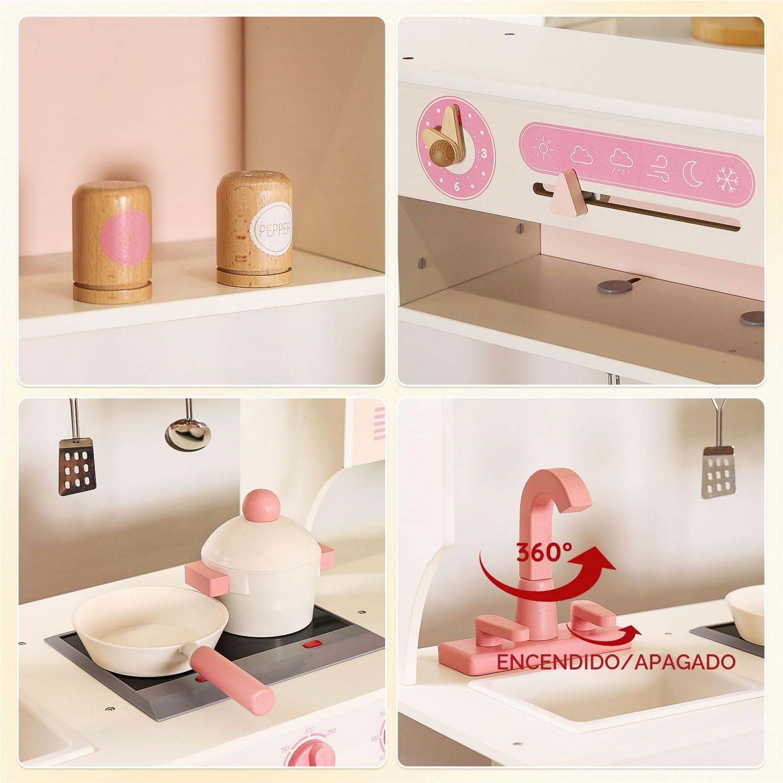 SainSmart Jr. Cocinita de madera para niños, color rosa – con luz y sonido, dispensador de hielo, microondas, horno y fregadero, gran cocina infantil con accesorios, juego de roles a partir de 3 años