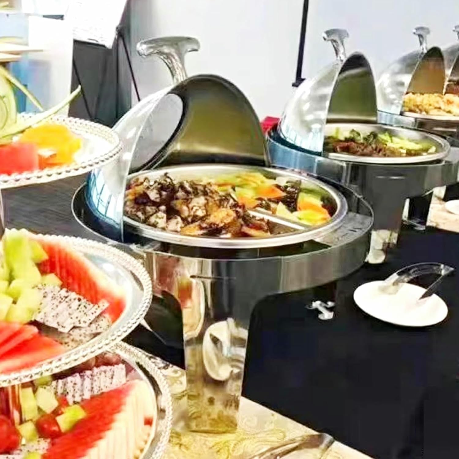 Buffet Set with Plate for Heating Food, Round, with Rolling Lid, for Hot Pots, Five Piece Set with Plate for Water and Food, Alcohol Stove Holder for Parties