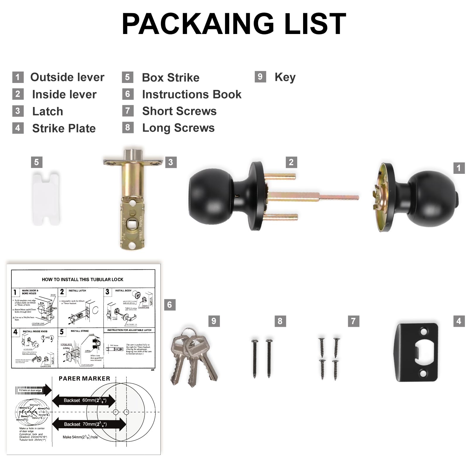 YELANGU Entrance and exit Door Knob with Key Stainless Steel Exterior Doors Knobs Round Security Front Doors Lock Set Satin Nickel 1 Pack(Black) - Image 3