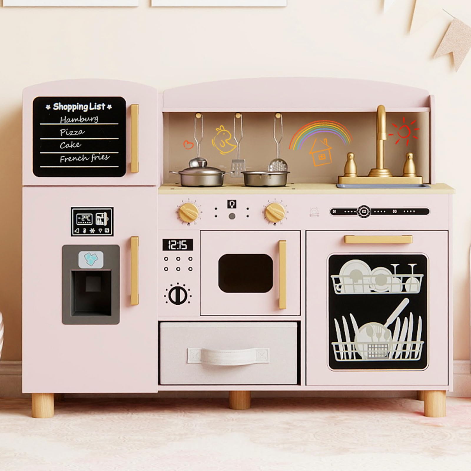 Maxmass Kids Toy Kitchen Playset, Wooden Children Pretend Kitchens with Ice Maker, Sink, Blackboard, Acrylic Board, Utensils, Toddler Play Kitchen Role Play Cooking Set for 3+ Years Old (Pink)