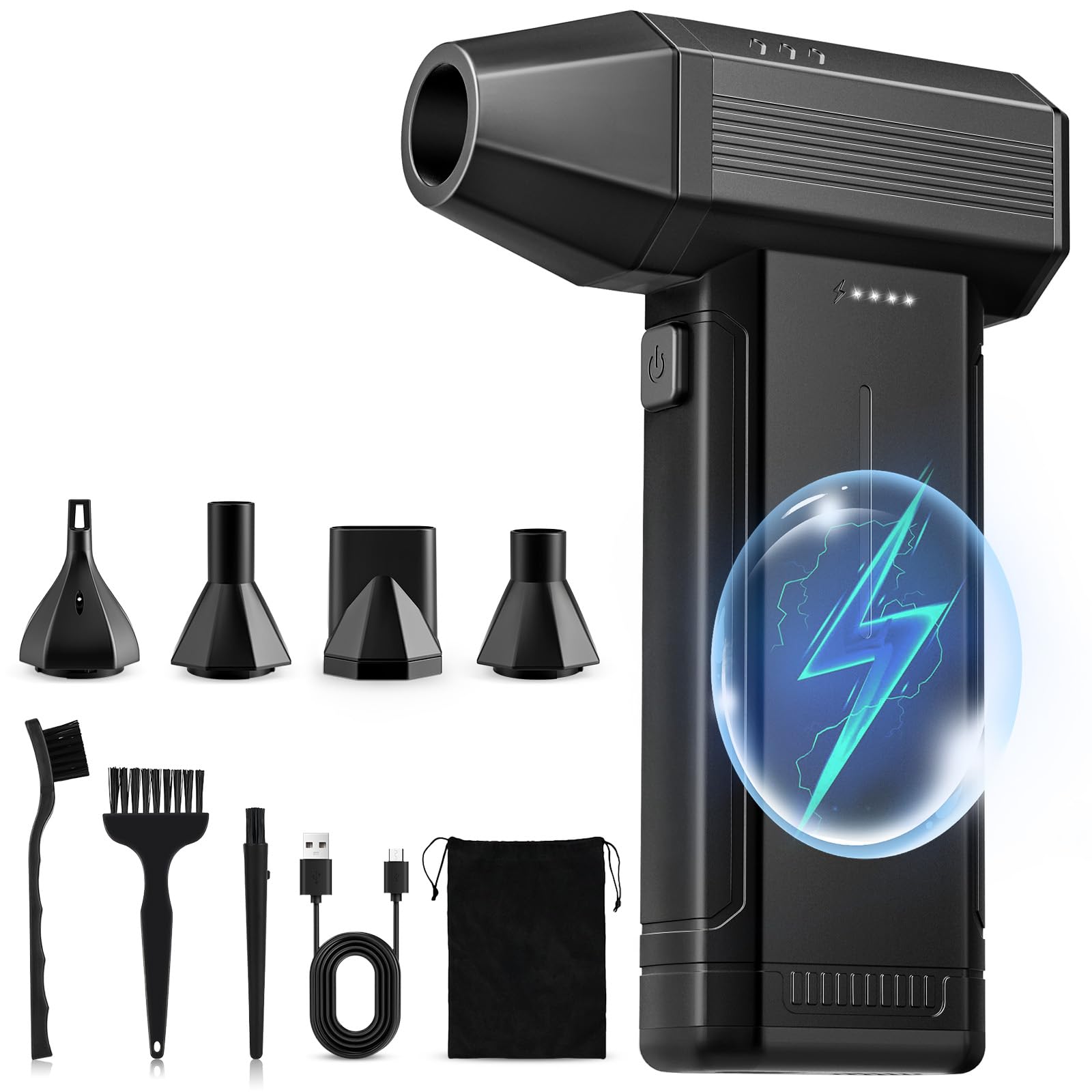 Soplador de Aire Potente con Luz LED, 6000 mAh 3 Velocidades 150000 RPM Soplador de Aire Comprimido Limpieza PC, Aire Comprimido Eléctrico Portátil Air Duster para Laptop, Coches, Sofás