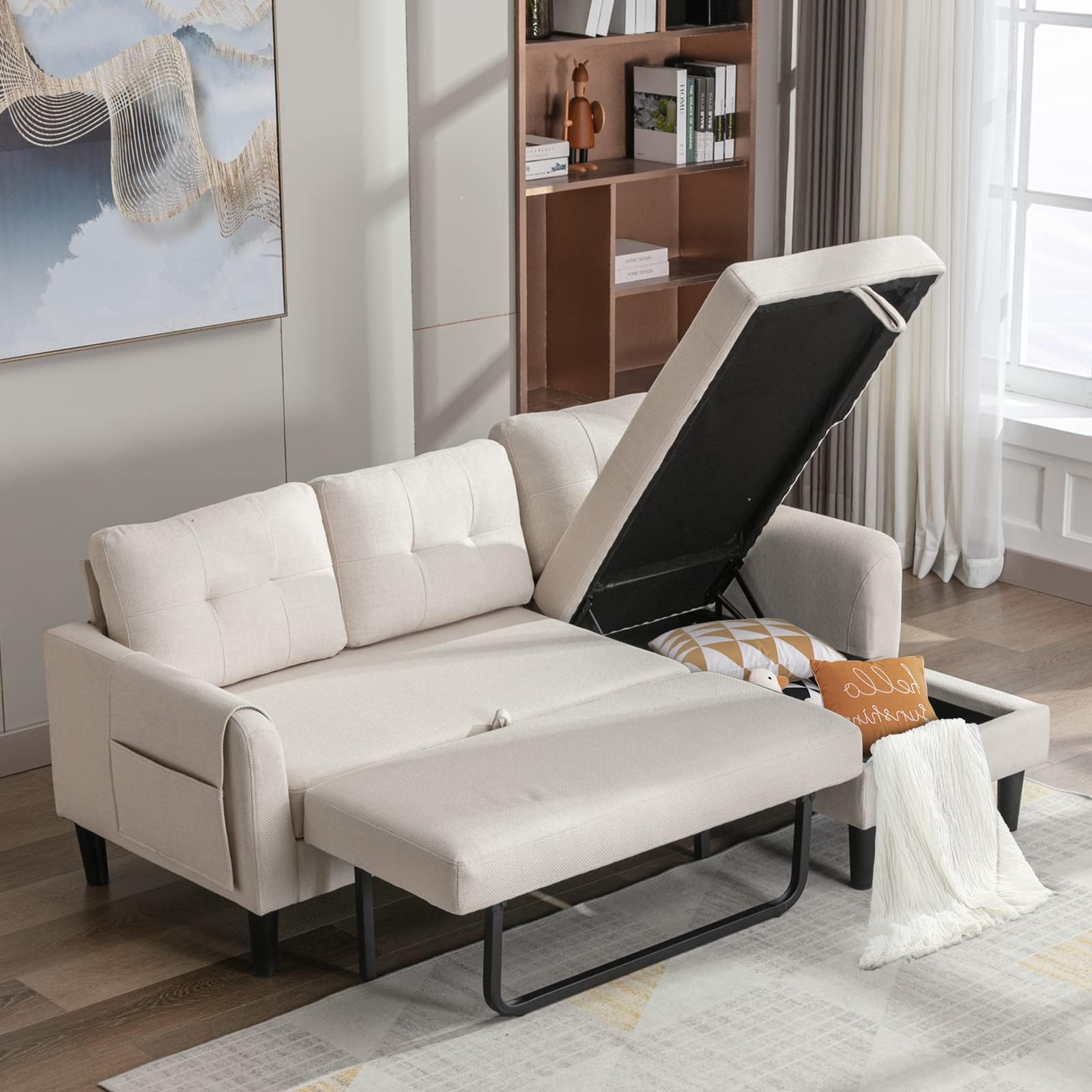 Pull Out Sleeper Sofa Bed with Storage Chaise Lounge, Modern Sleeper Couch with Side Pocket, Comfy 3 Seat Sofa Couch for Living Room, Bedroom, Home Office (Beige Linen)