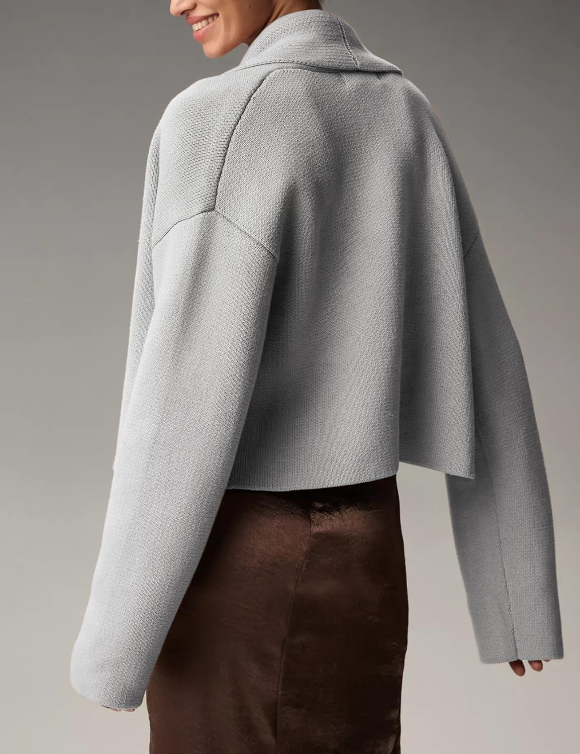 Wyeysyt Womens Cropped Cardigan Sweater Oversized Lapel Shawl Coatigan Chunky Knit Long Sleeve Sweater - Image 5