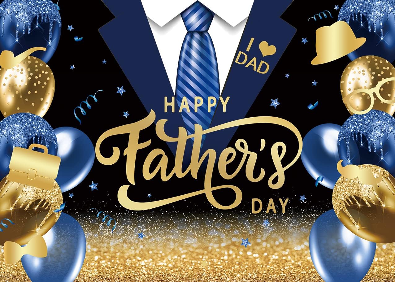 Happy Father's Day Backdrop Blue Gold Glitter Balloon Father's Day Party Background I Love Dad Thank You Daddy Family Festival Photography Decor Supplies (Blue, 8x6FT)