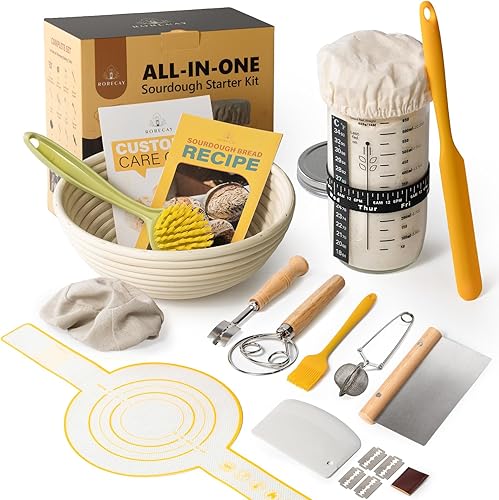 Rorecay Complete Sourdough Starter Kit: Bread Baking Supplies with Starter Glass Jar & 9” Round Banneton Proofing Basket Tool Set Ideal for Beginners Homemade Bread