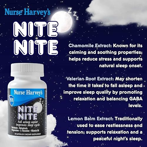 Miniatura 6 de Nurse Harvey's Nite Nite - Cápsulas para dormir para adultos con 3 mg de melatonina, bisglicinato de magnesio, vitamina B6, ayuda natural para