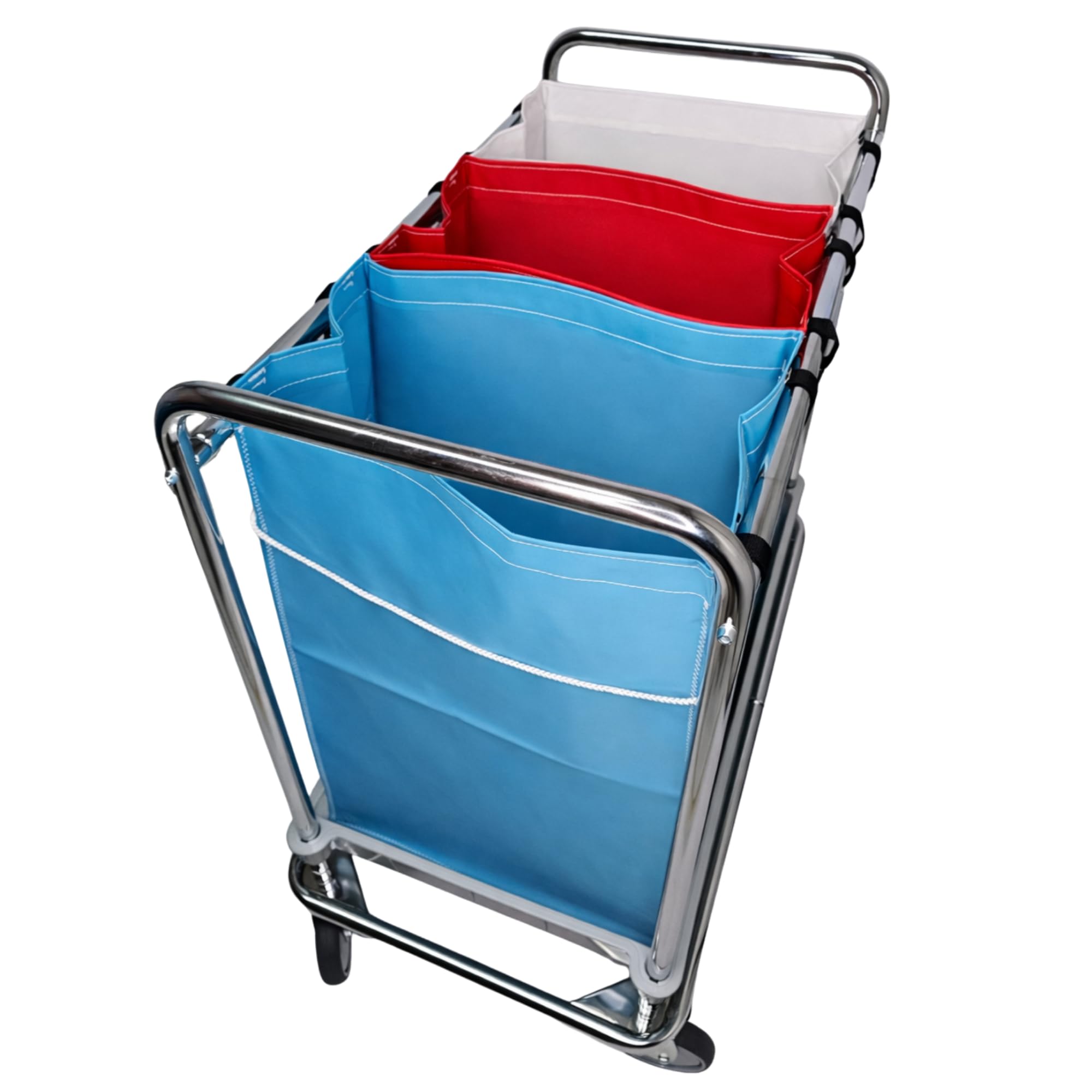 Carro de Lavandería Profesional Cromado con 3 Bolsas Plastificadas (80L) - Clasificador de Ropa Sucia con Ruedas 125mm y Base de Polipropileno - Ideal Hoteles y Residencias (95x65x104 cm)