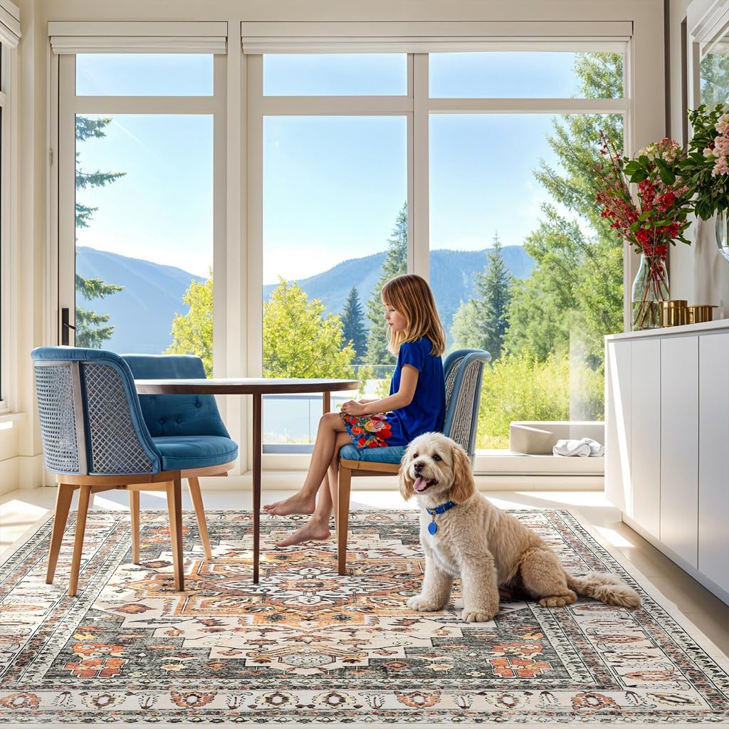 SONORO KATE Area Rugs 8x10, Machine Washable Boho Rug,Large Area Rugs for Bedroom, Non-Slip Rugs for Living Room,Stain-Resistant Vintage Carpet for Office, Dining Room, Indoor(Turmeric/Grey,8' x 10')