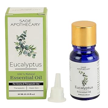 Sage Apothecary Eucalyptus Essential Oil for Healthy Skin, Strong Hair, Steam Inhalation, Cold & Cough, Massage, Mosquitoes Repellent, Aromatherapy, Relaxation,100% Pure & Natural 10 ml