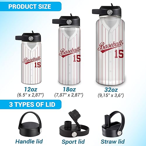Vista 101 de Hyturtle Botella de agua de béisbol personalizada, botella de acero inoxidable aislada de viaje con tapa a prueba de fugas, 18 onzas, 32 onzas