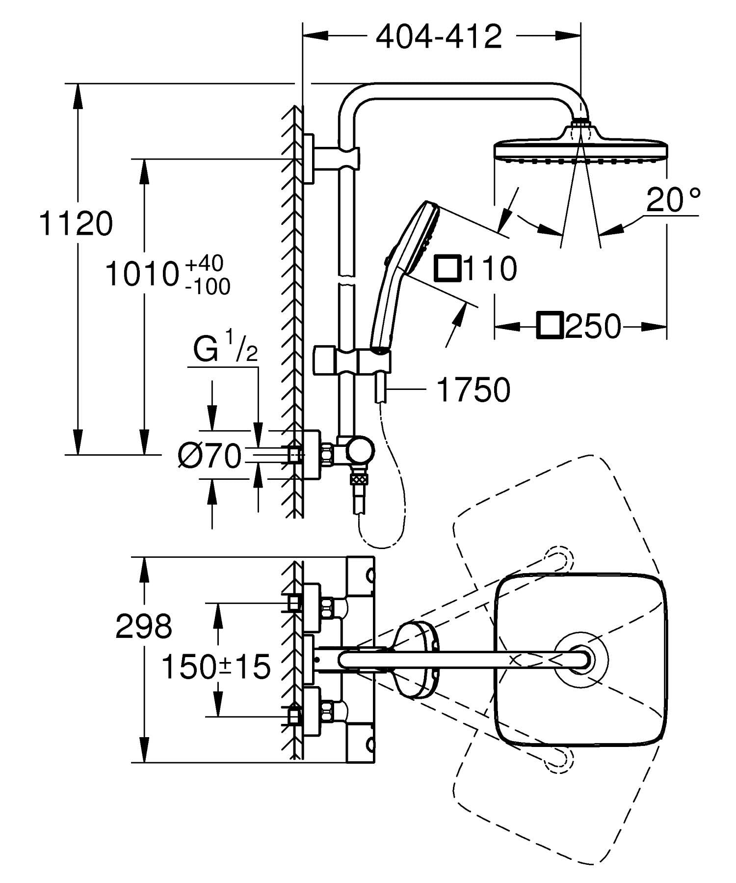 Grohe GROHE Vitalio Comfort 250 Kolumna prysznicowa z termostatycznym akumulatorem, prysznic z kwadratową głowicą 25 cm, 1 strumień, kwadratowy prysznic 11 cm 2 strumienie, elastyczny 1,75 m, oszczędność