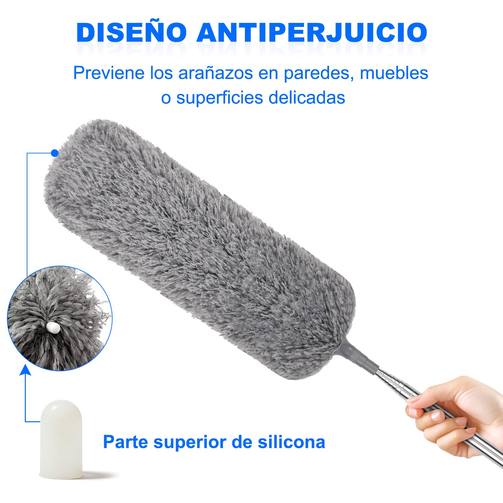 Apasiri Plumero de Plumas con Poste Telescópico Largo y 2 Cabezales de Microfibra Lavables, Herramienta de Limpieza Extensible para el Hogar, Techo y Zonas de Difícil Acceso, Sin Arañazos, Fácil de - 4
