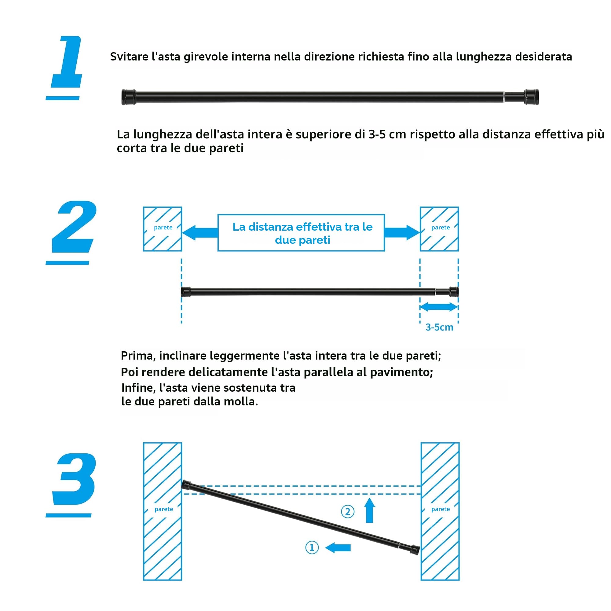 Bastone Tenda a Pressione Senza Forare Bastone per Tenda a Pressione Bastone Tenda Doccia, Lunghezza 83-160cm(1 pezzo), Diametro 25mm,Bianco