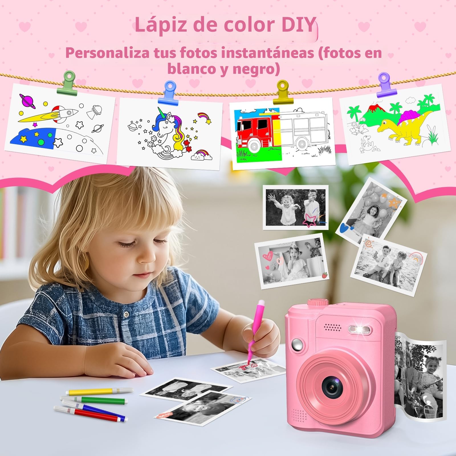 Gofunly Camara Fotos Infantil Instantanea, 2,0" 1080P Camara Fotos Infantil con Tarjeta de 32GB y Papel Fotografia, Juguete Cámara Instantánea Regalos para Niños y Niñas de 3-12 Años (Rosa)