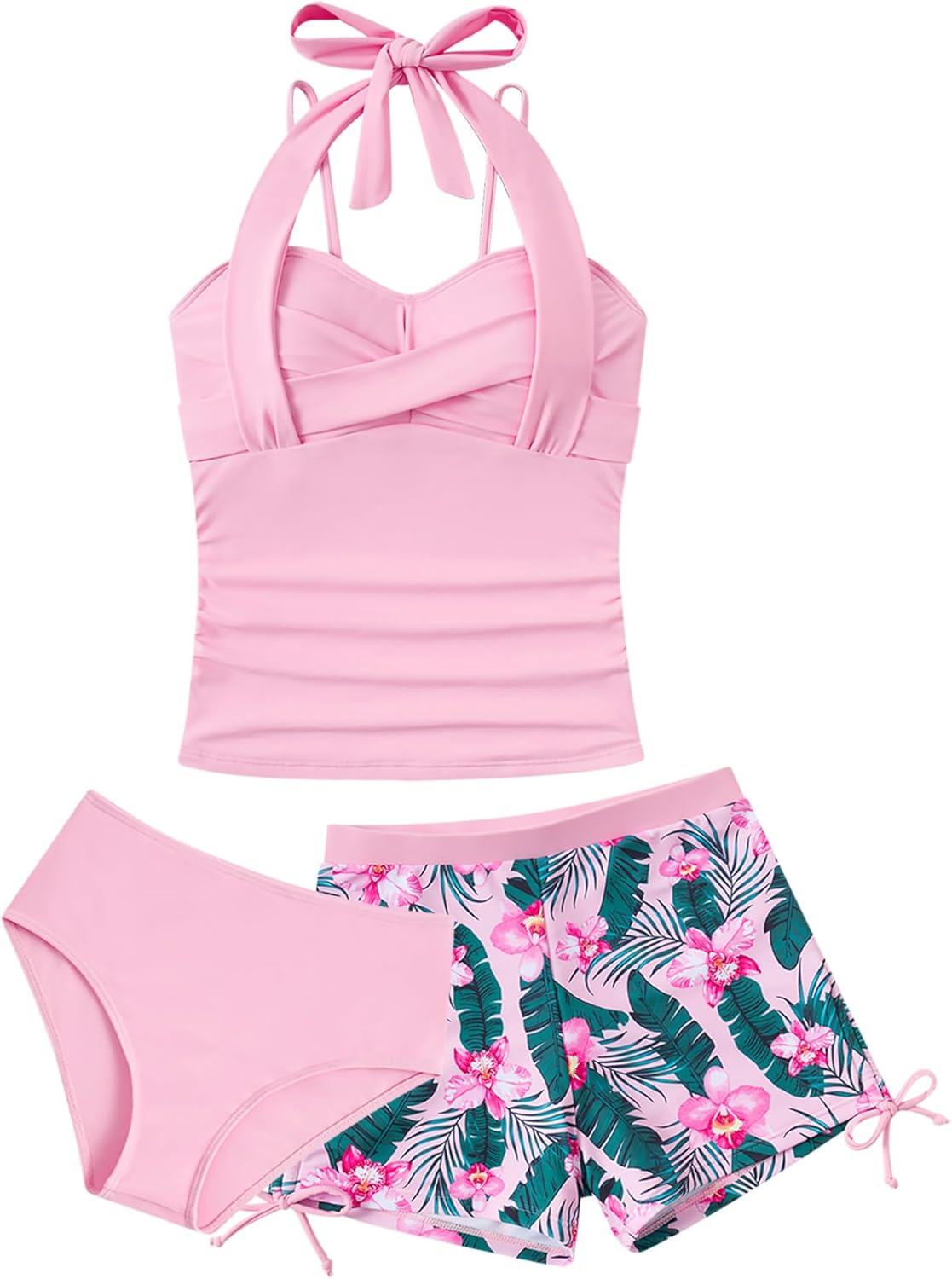Girls Tankini Swimsuit with Short 3 Piece Halter Adjustable Bathing Suits for Girls Size 9-16